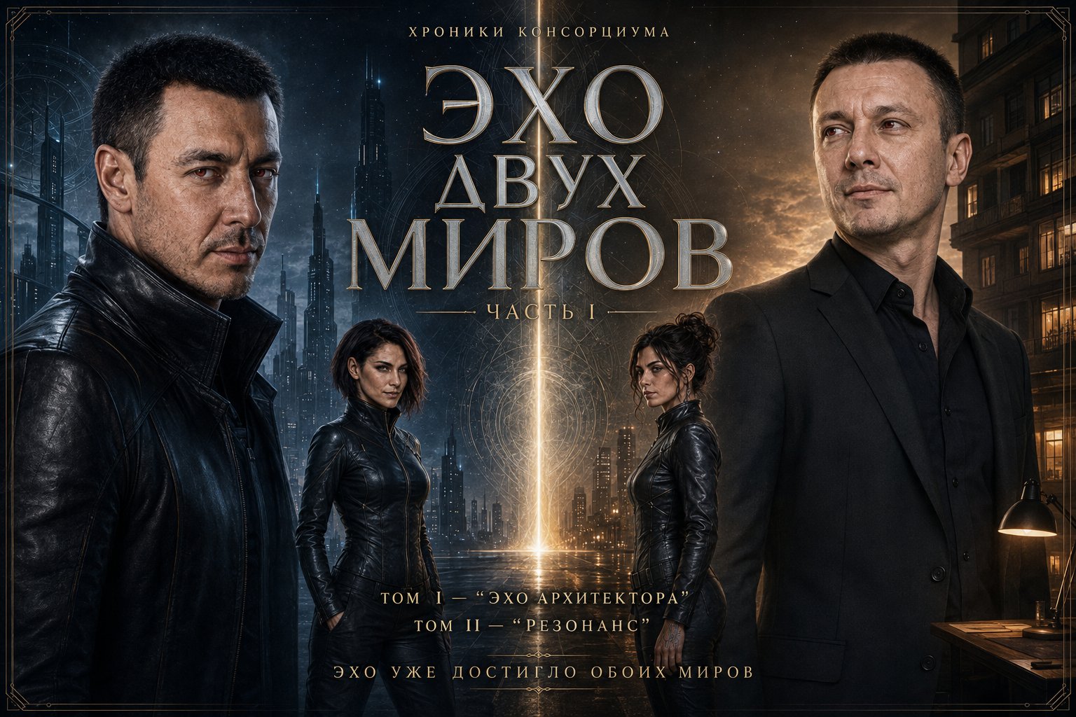 The Architect of the Consortium and Earth's Artem, Lira and Gemini on either side of a portal — «Echo of Two Worlds. Part I»