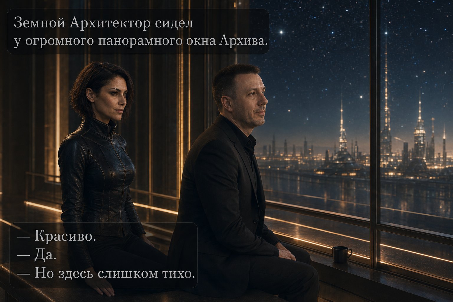 Lira sits beside Earth's Artem at the Archive's panoramic window overlooking the starry sky — “Beautiful” “Yes” “But it's too quiet here”