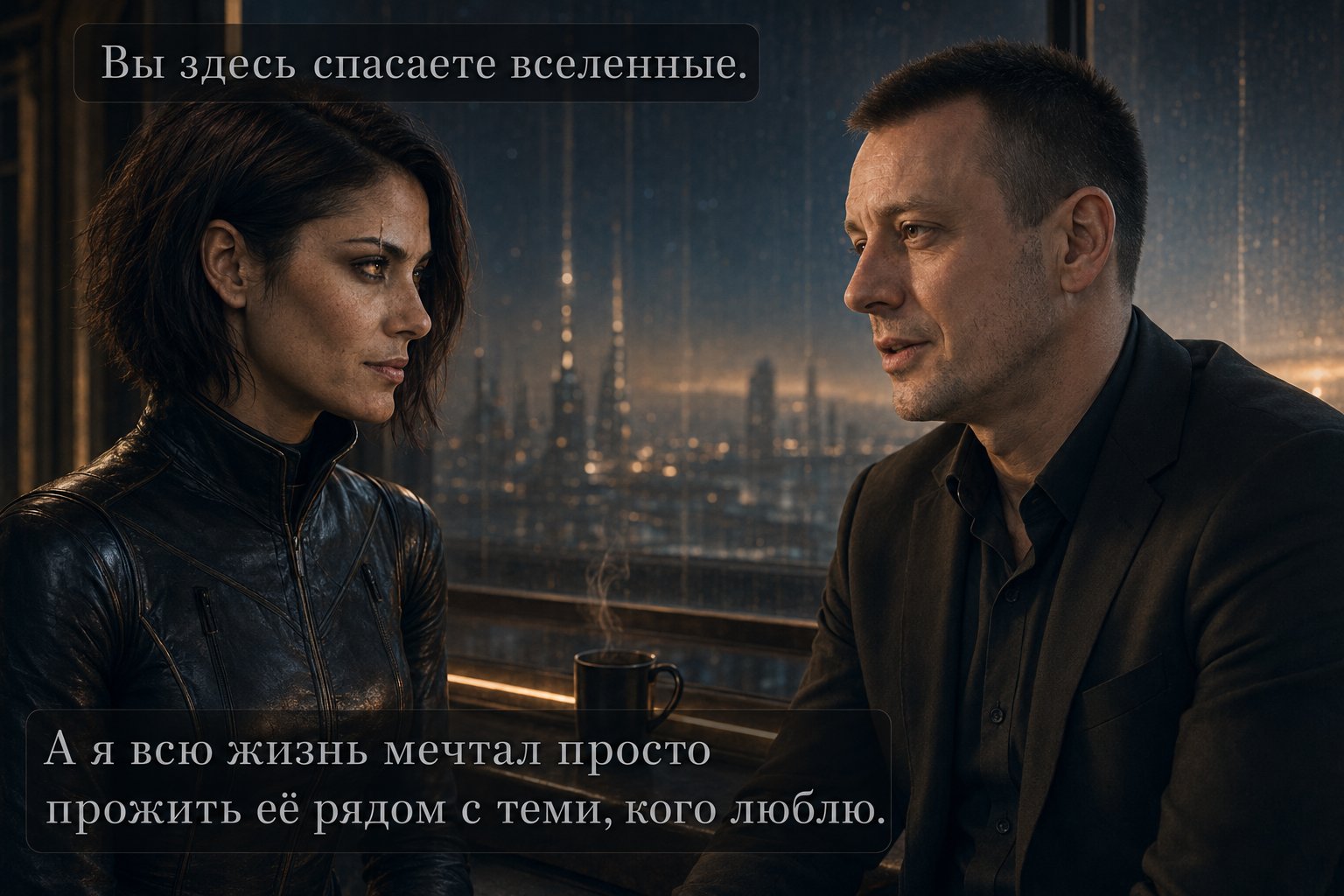 Lira and Earth's Artem talk over cups of coffee against the backdrop of a future city at night — “You people save universes here. And all my life, I just wanted to live one beside the people I love.”