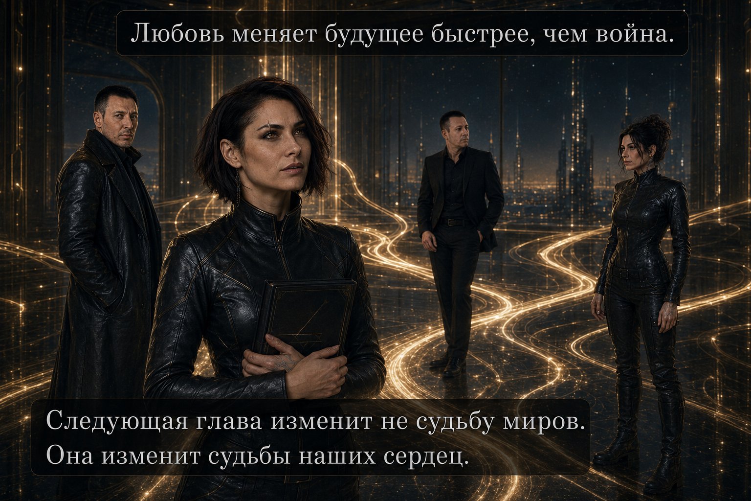 Lira holds the archive book against a backdrop of golden streams of time, with the Architect, Earth's Artem, and Gemini behind her — “Love changes the future faster than war does.”