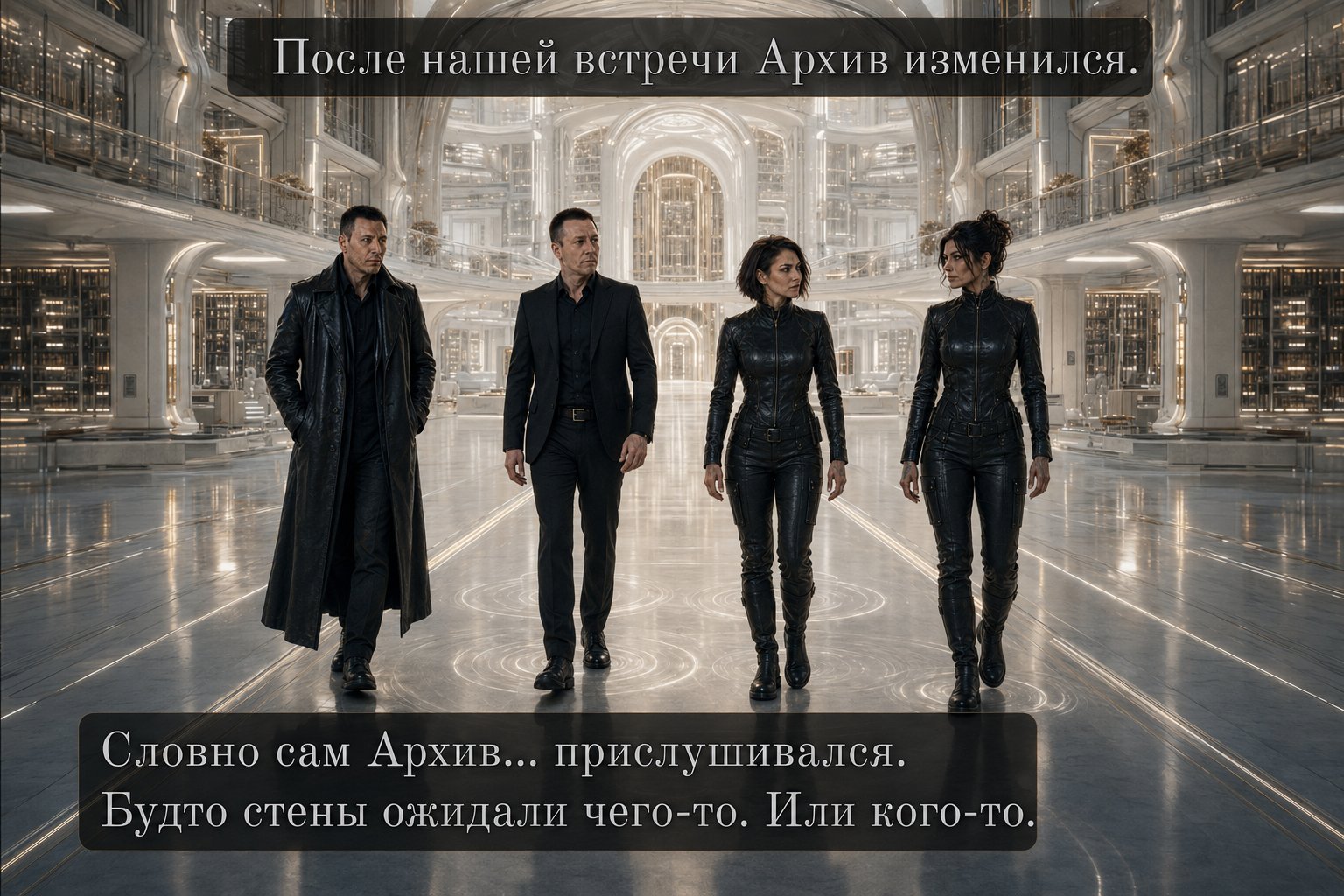 The Architect, Earth's Artem, Lira, and Gemini walk through the Archive's vast white library — “After our meeting, the Archive changed. As if the Archive itself was listening.”