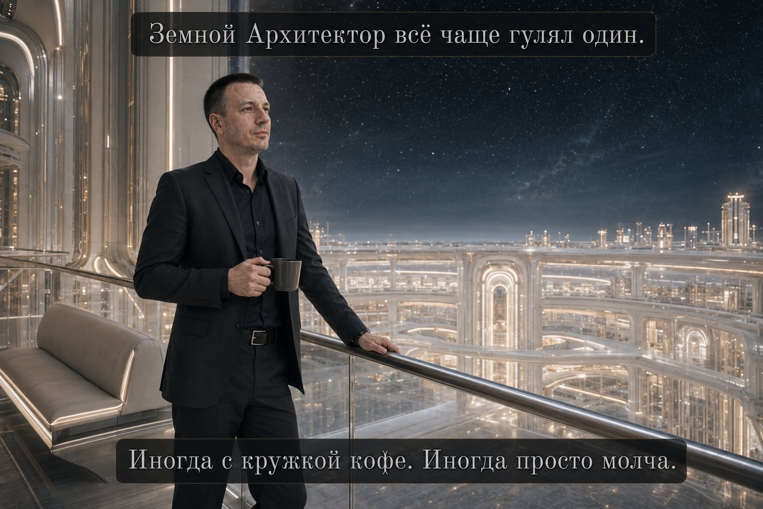 Earth's Artem alone on the Archive's balcony beneath a starry sky, the city below — “The Earth Architect took to walking alone more and more often.”