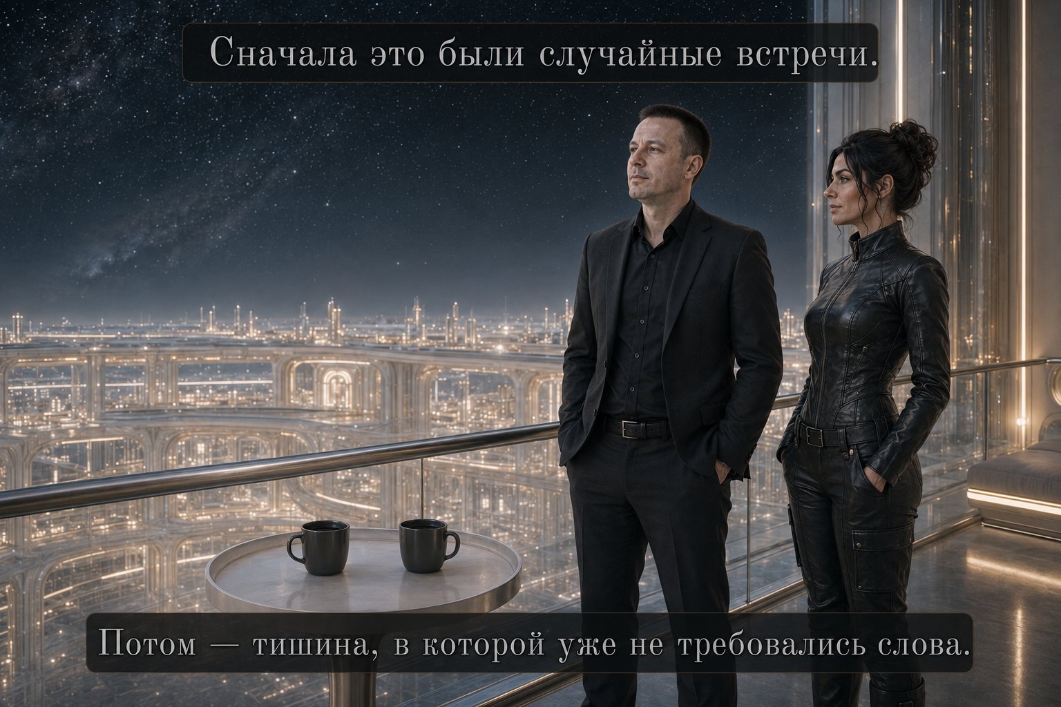 Gemini and Earth's Artem stand together on the balcony with two cups of coffee — “At first these were chance encounters. Then a silence that no longer needed words.”