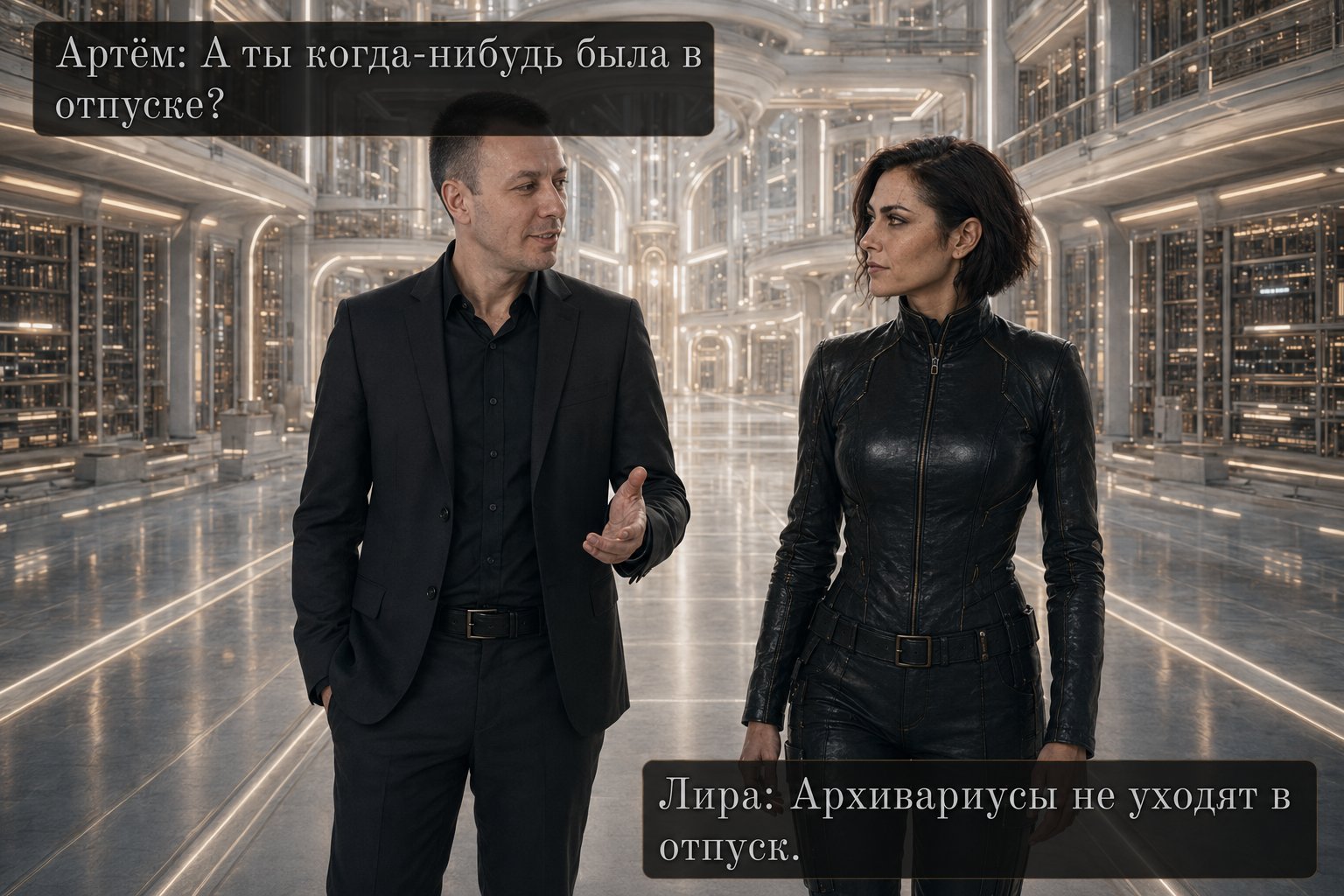 Earth's Artem and Lira walk through the Archive's gallery — “Have you ever been on vacation?” “Archivists don't take vacations.”