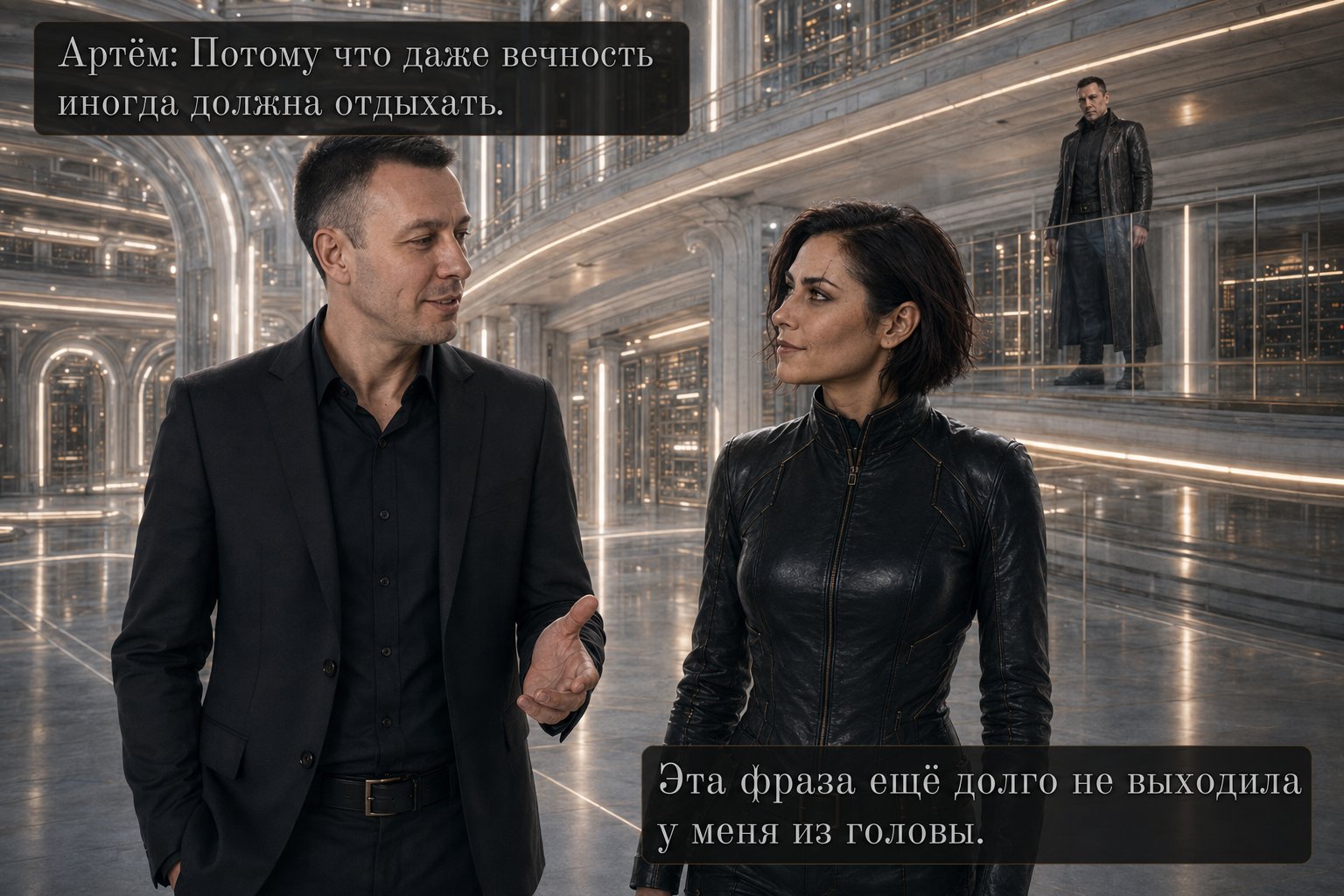 Artem explains to Lira that even eternity must rest, while the Architect watches them from a distance