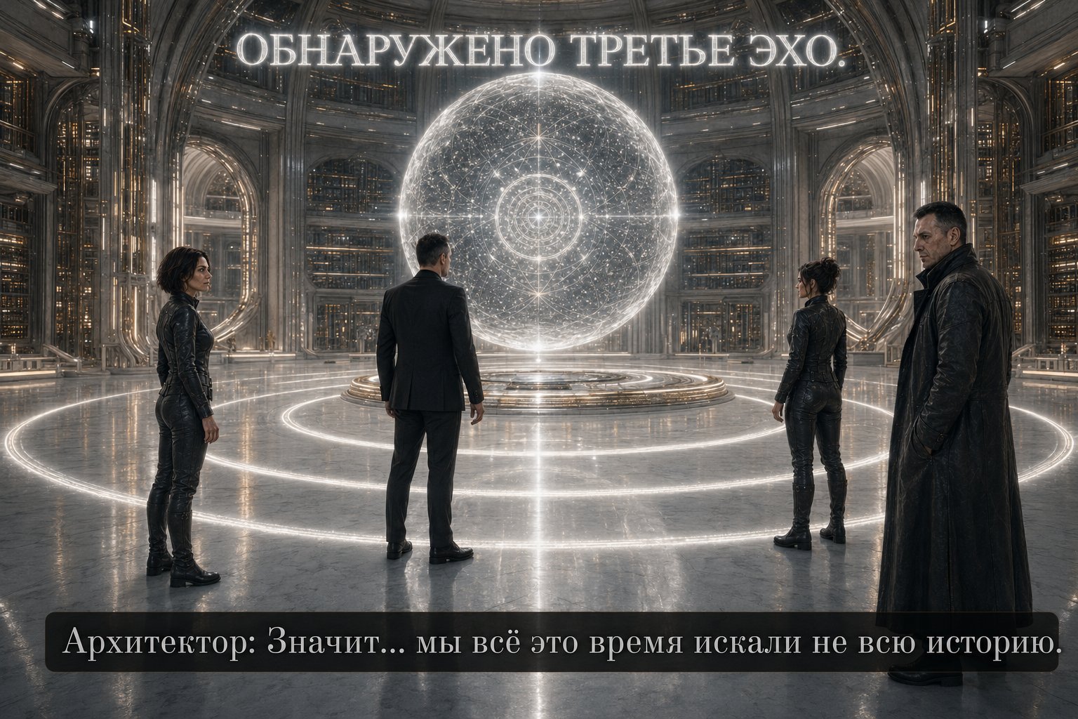 All four stand before the Archive's vast memory sphere as silver rings spread outward beneath the words “THIRD ECHO DETECTED” — “Then... this whole time, we've been searching for only part of the story.”
