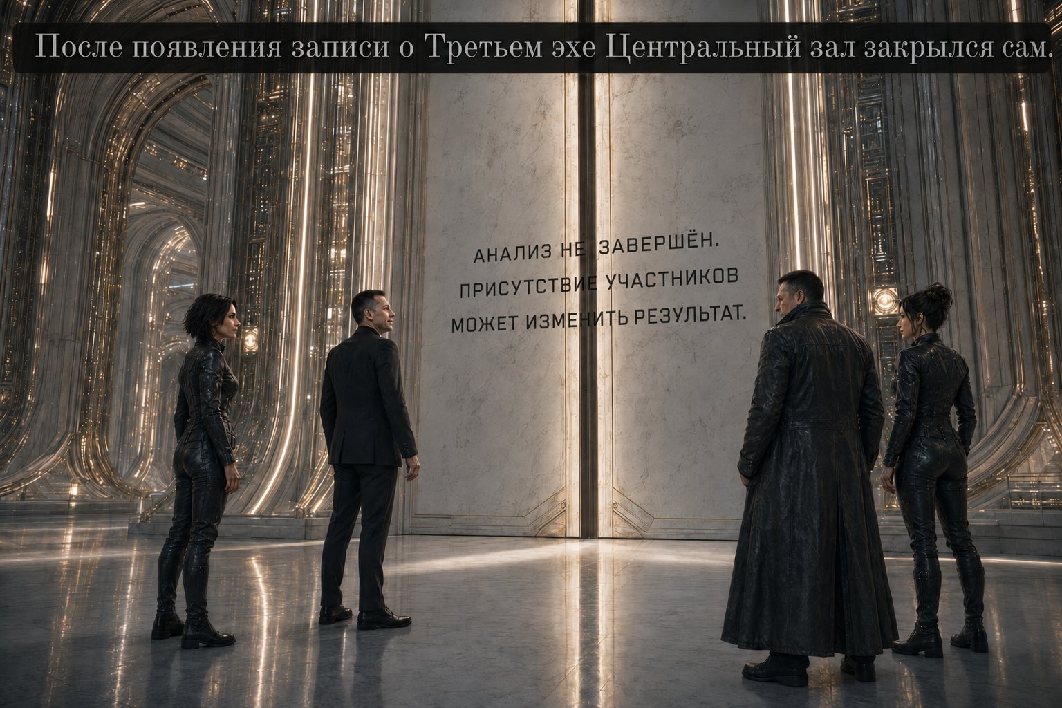 All four stand before the sealed doors of the Central Hall beneath the words “Analysis incomplete. The presence of participants may alter the result.”