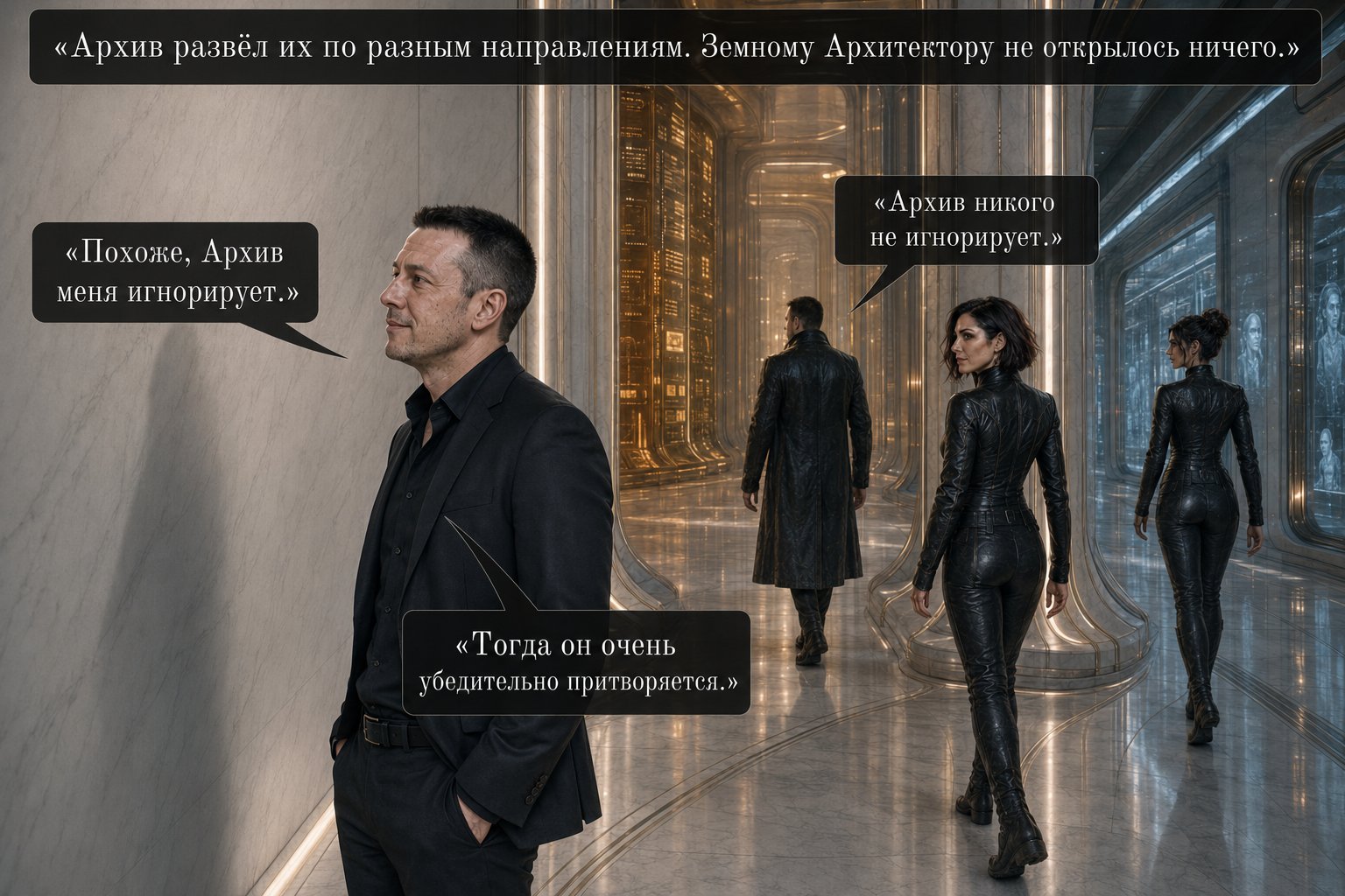 Earth's Artem alone before a blank white wall — “Looks like the Archive is ignoring me” “The Archive doesn't ignore anyone” “Then it's putting on a very convincing act”