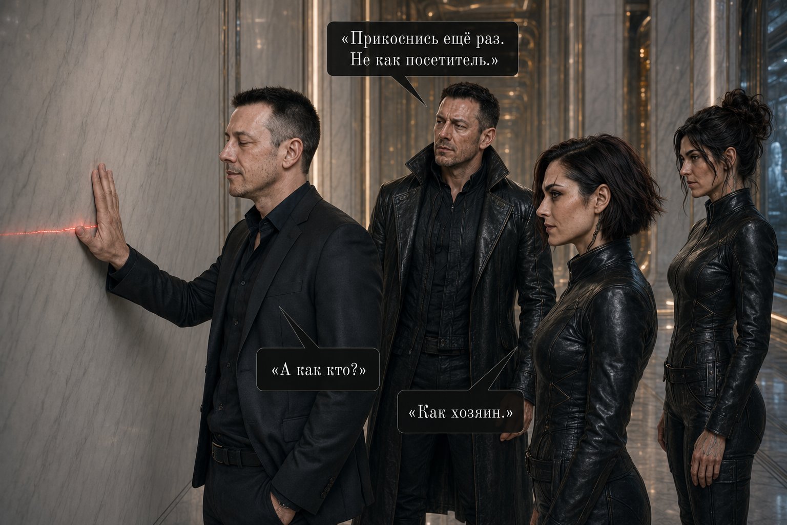 Earth's Artem touches the wall while the Architect, Lira, and Gemini watch behind him — “Touch it again. Not as a visitor” “Then as what?” “As its owner”