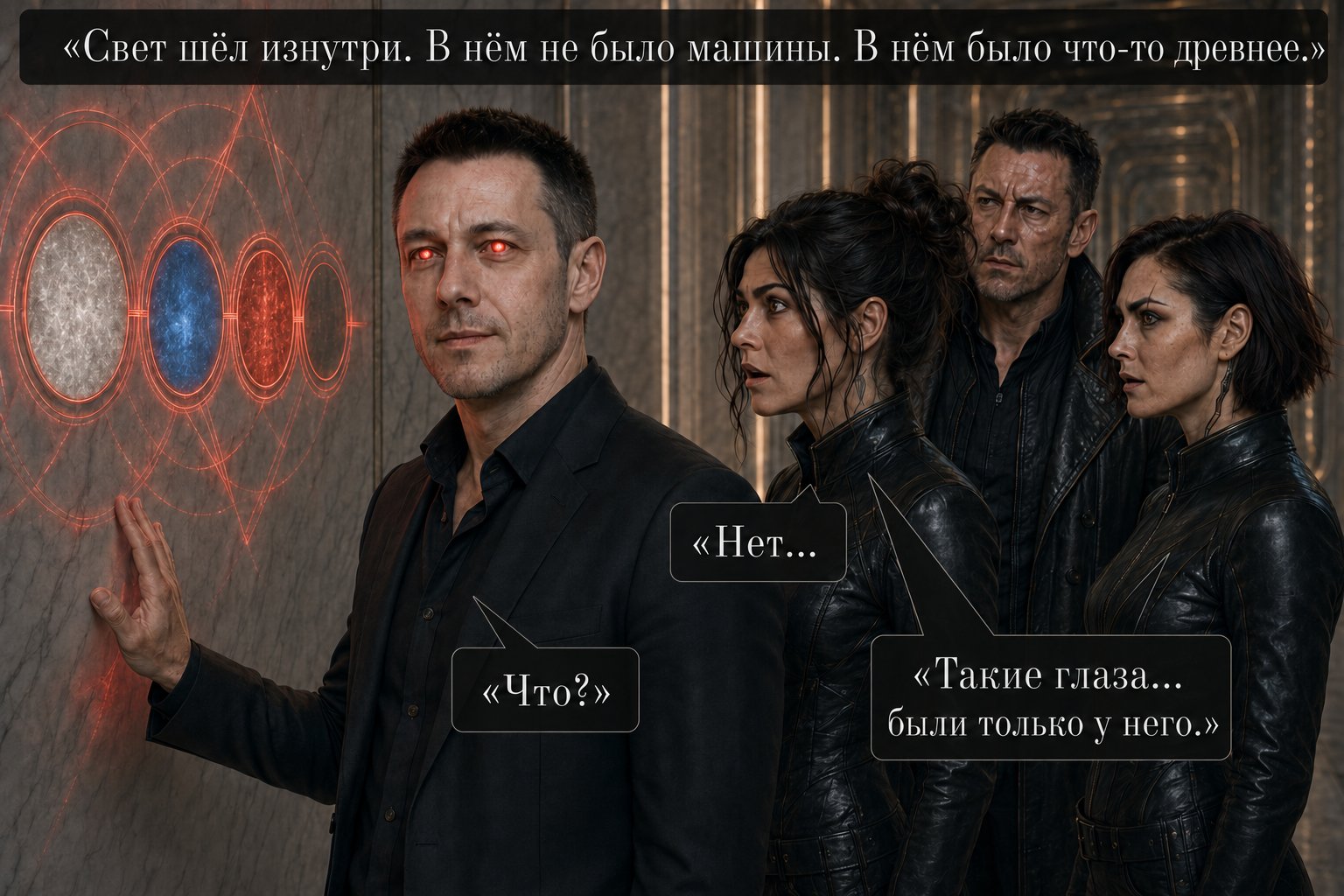 Earth's Artem's eyes blaze with deep red light before the diagram of four circles on the wall — “The light came from within. There was nothing of the machine in it. There was something ancient in it.”