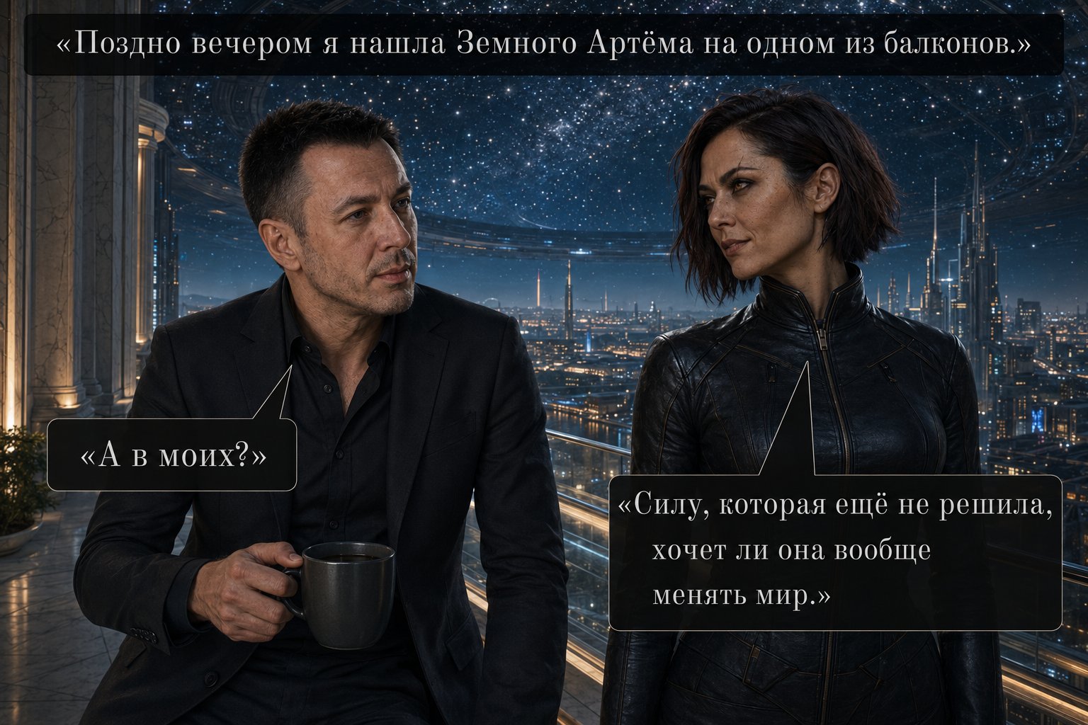 Earth's Artem and Lira on the balcony — “And in mine?” “A strength that hasn't decided yet whether it even wants to change the world”