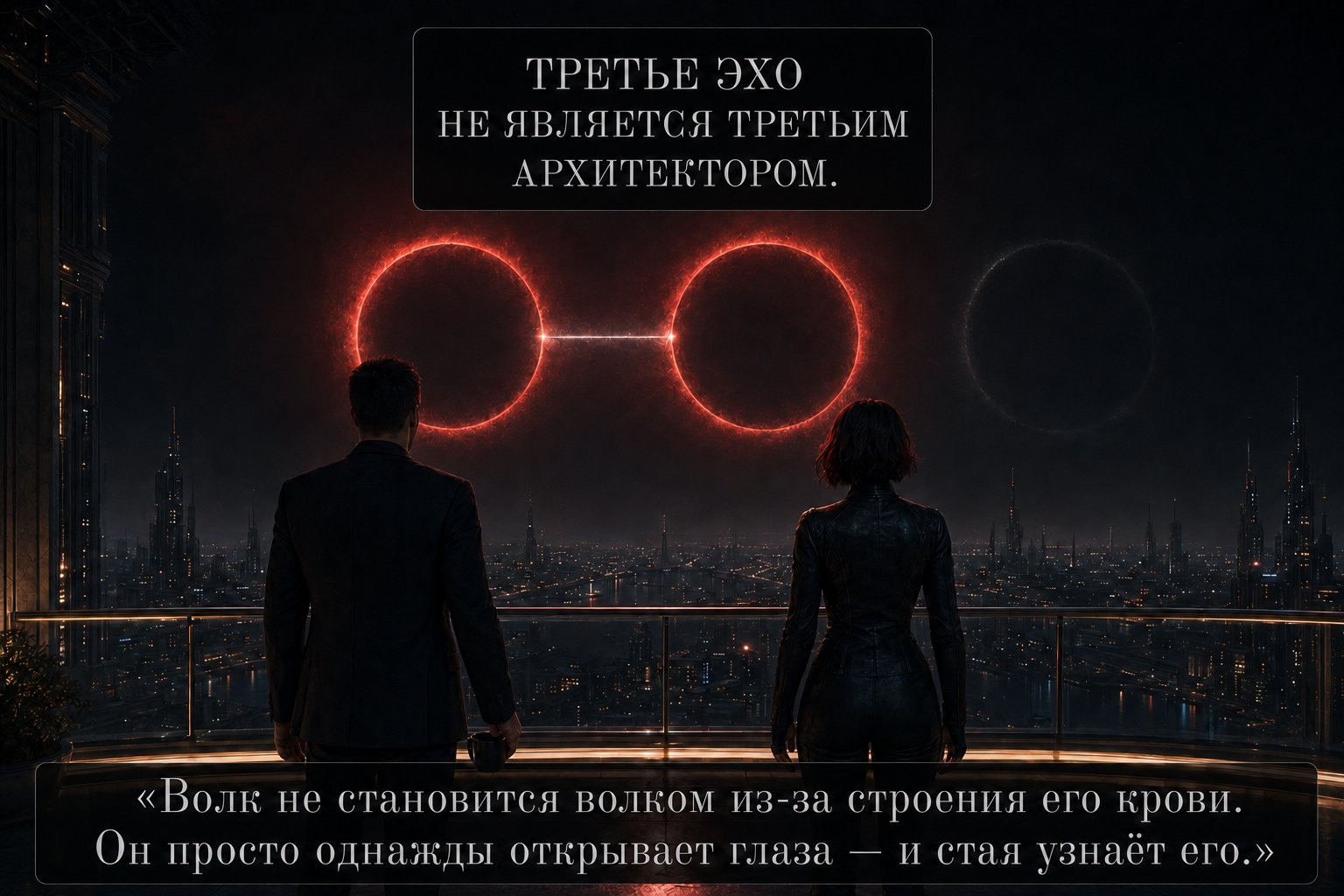 Earth's Artem and Lira look at the two red circles of the Third Echo above the night city — “A wolf doesn't become a wolf because of what runs in its blood. It simply opens its eyes one day, and the Pack recognizes it.”