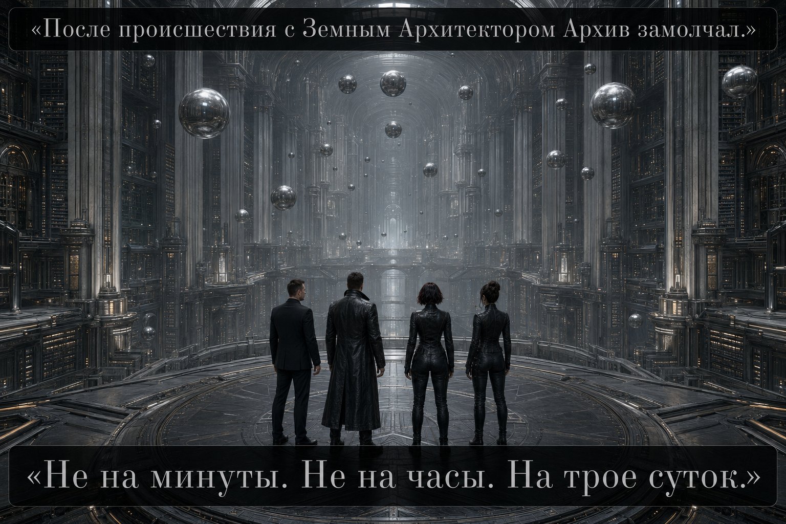 Lira, Gemini, the Architect, and Earth's Artem stand amid the frozen Archive, its silvery spheres hanging motionless — 