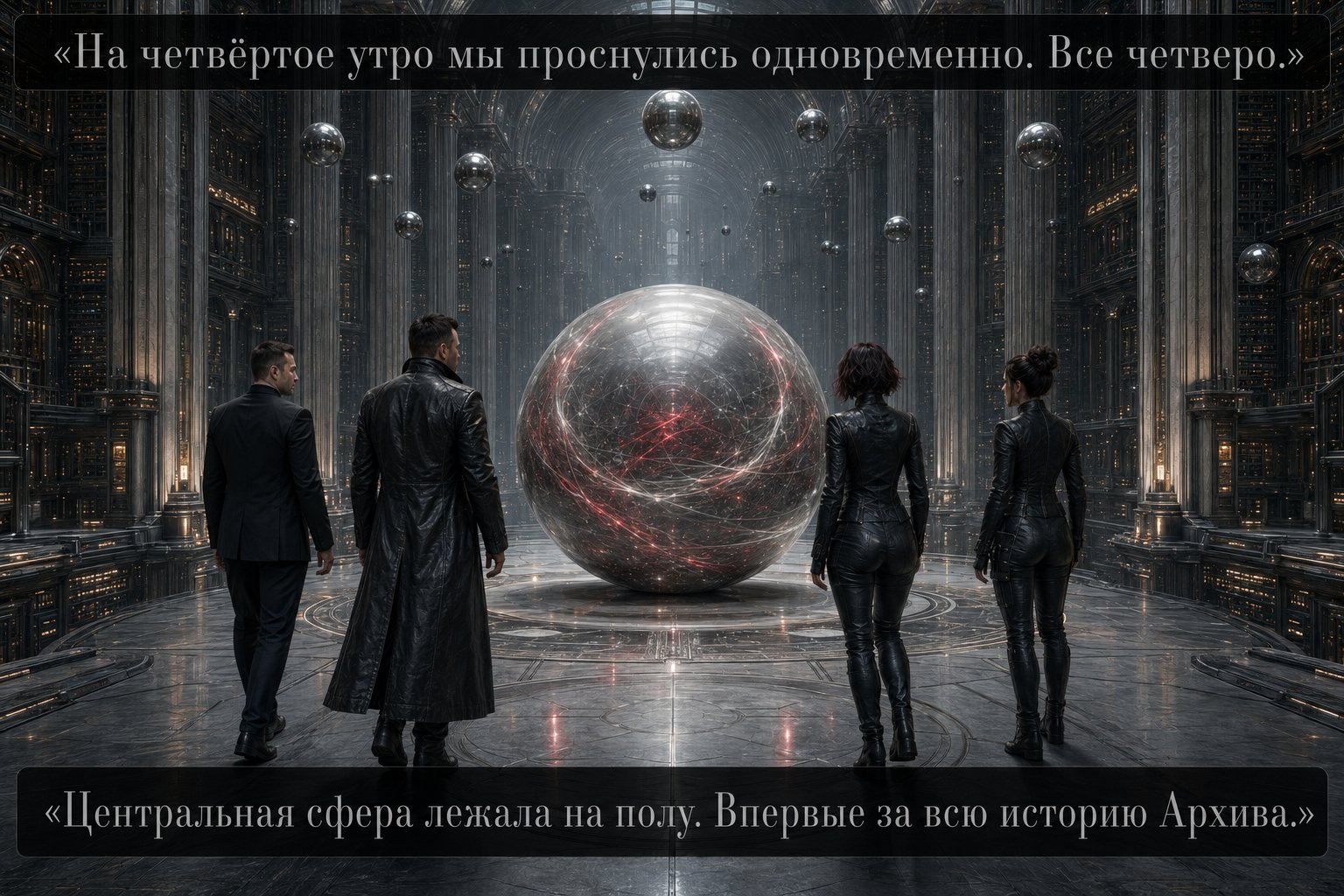 The Archive's Central Sphere lies on the floor, red and silver threads swirling within it — 