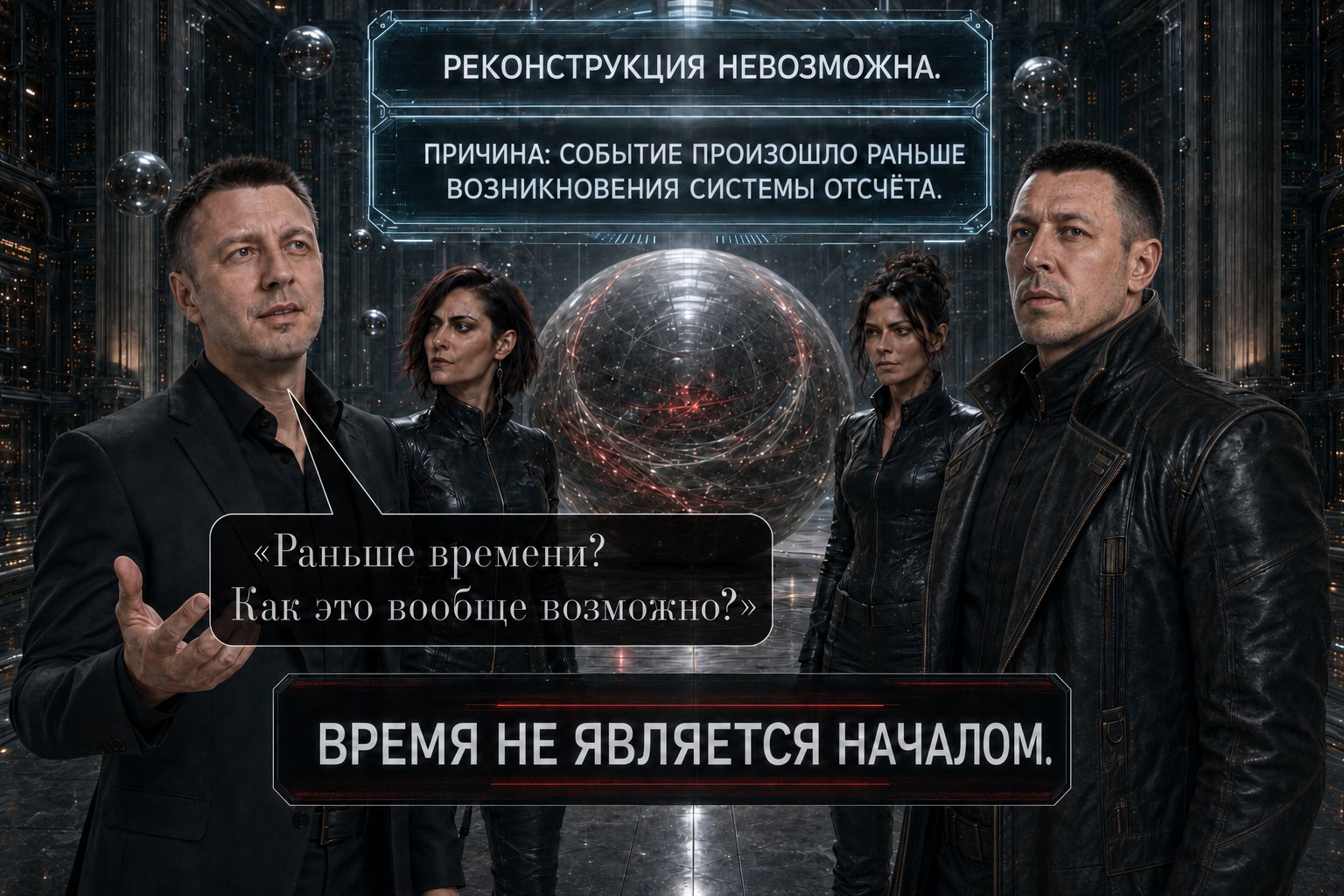 Earth's Artem and the others stand before the sphere, its text reading 