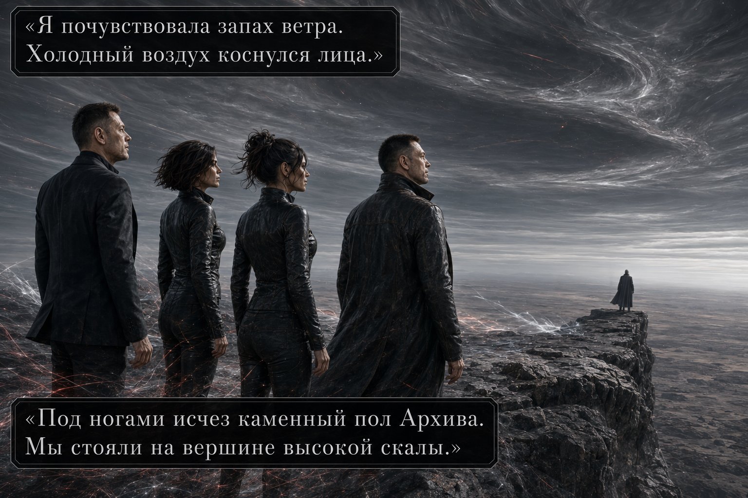 Lira, Gemini, the Architect, and Earth's Artem stand atop a cliff beneath a boundless sky without sun or stars, a lone cloaked figure visible in the distance at the edge of the precipice