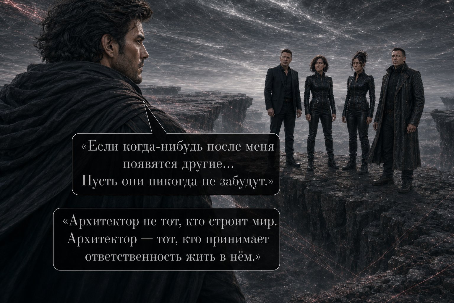The First Architect speaks into the void at the cliff's edge, Lira, Gemini, the Architect, and Earth's Artem watching from a distance — 