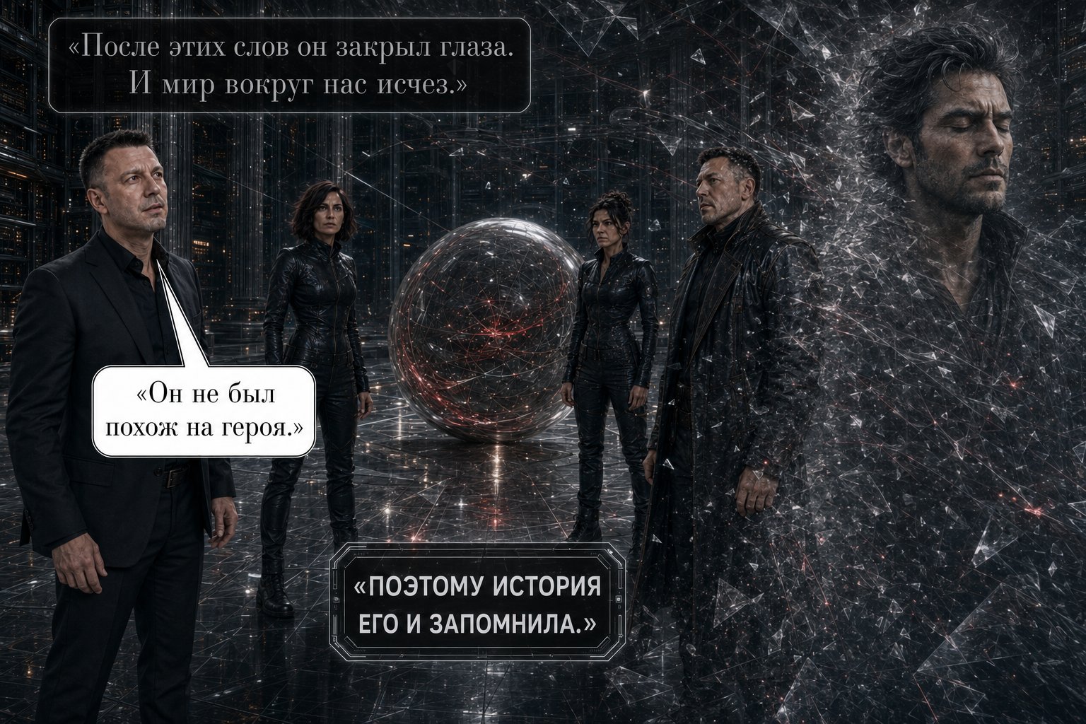 All four stand once more in the Archive beside the sphere, the vision of the First Architect dissolving to the right — 