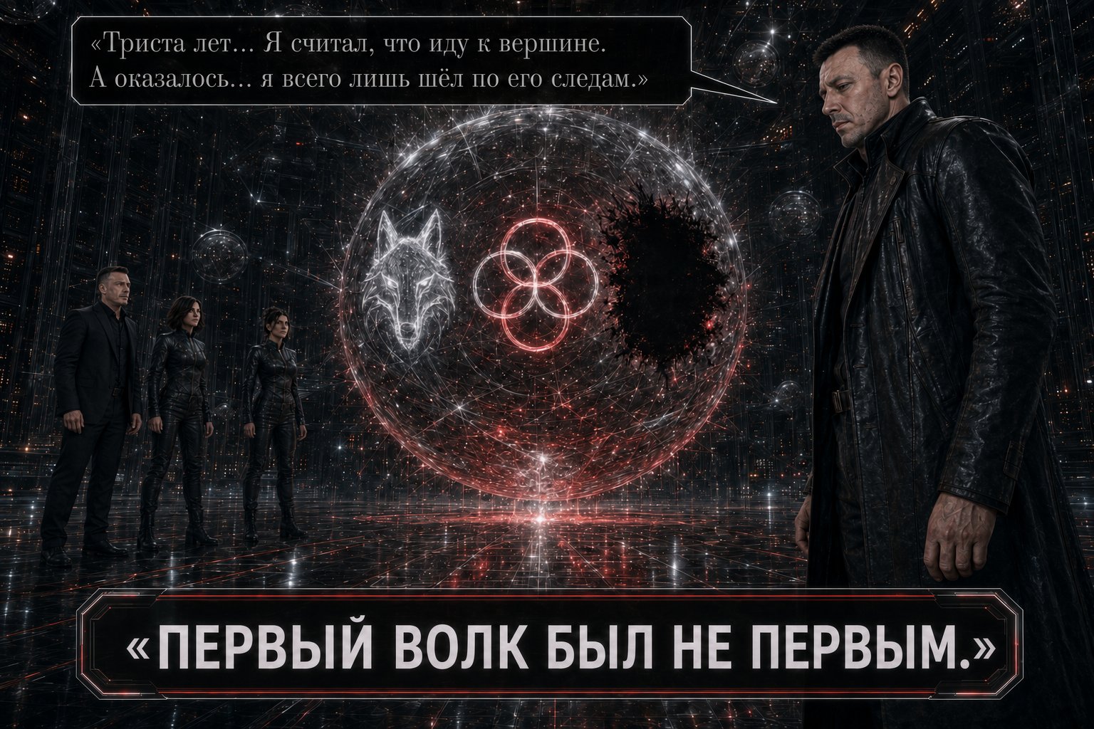 The Architect stands before the sphere and its three symbols — a wolf's silhouette, four interlocking circles, and a third mark hidden in shadow — 