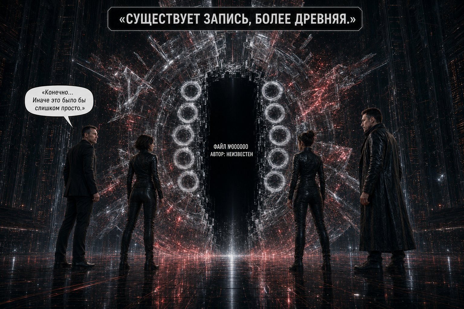 All four stand before a glowing ring-shaped portal bearing the words 