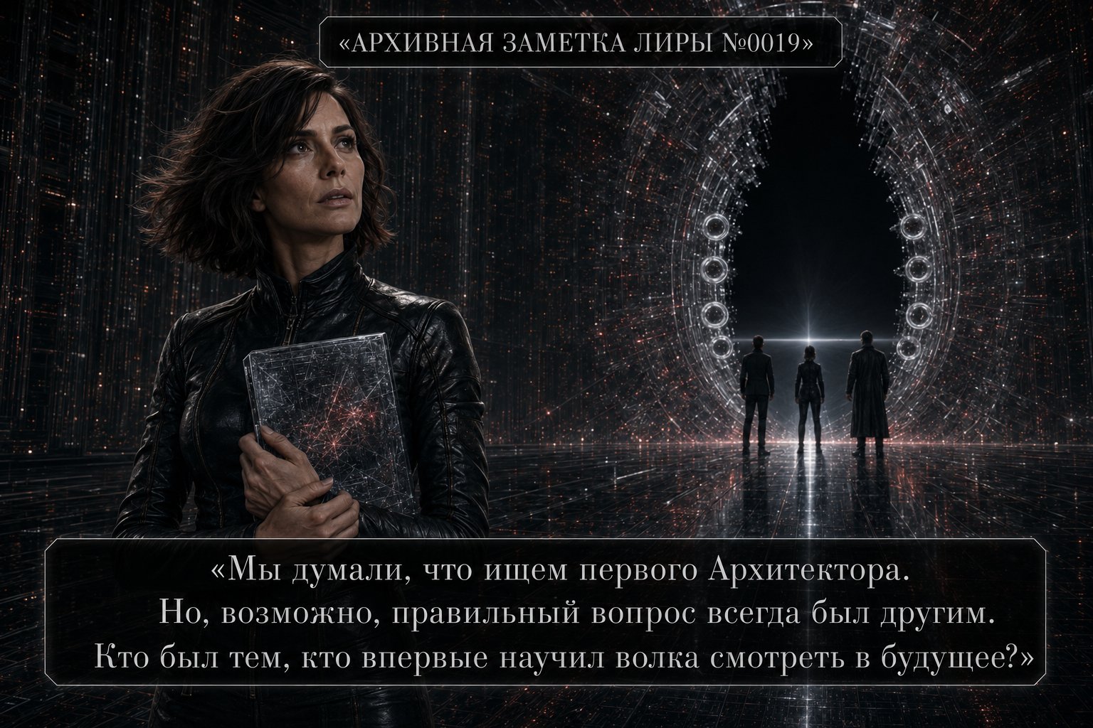 Lira stands in the foreground with an archive book, the other three visible in the distance before a glowing portal — 