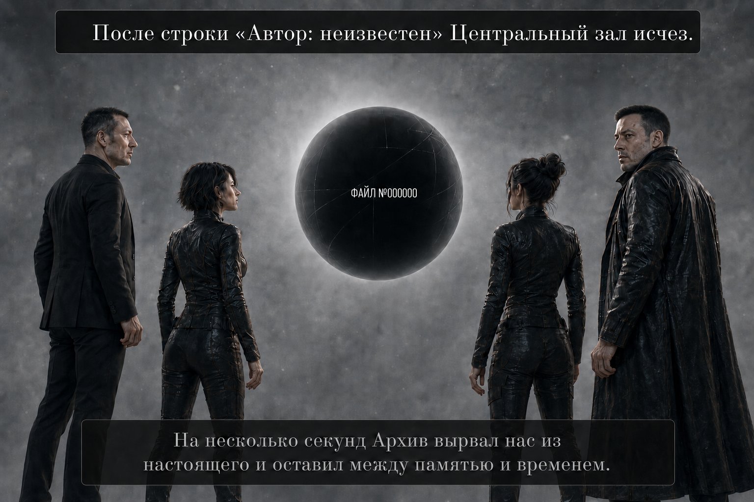 All four stand in a grey expanse with no walls or horizon, facing a black sphere marked 