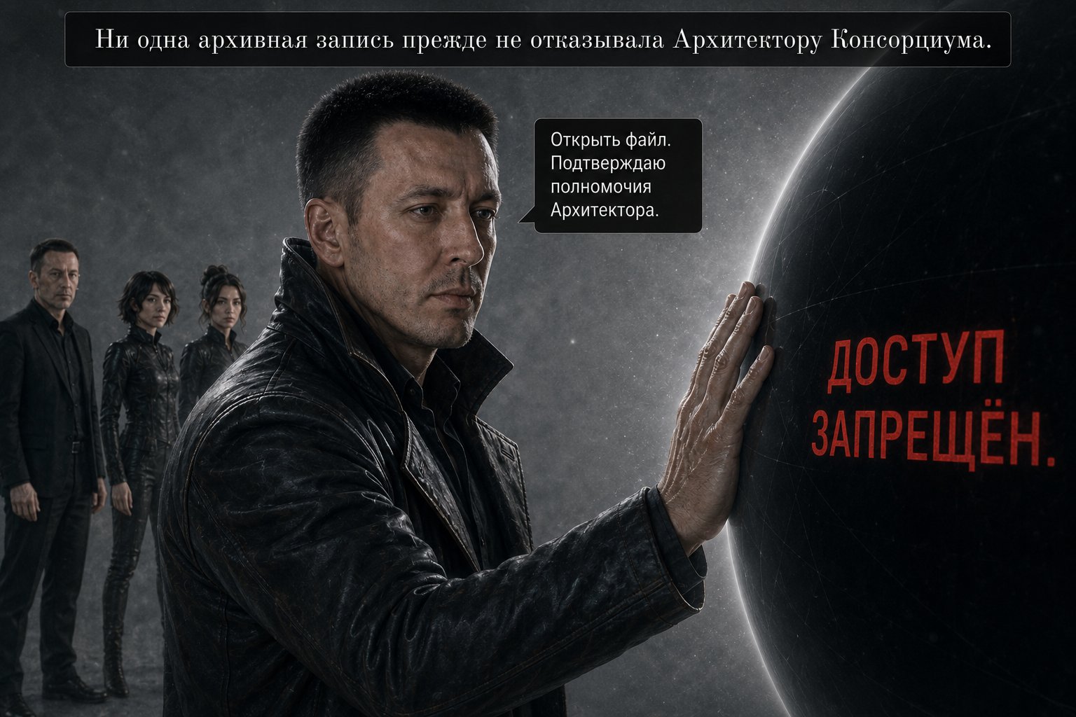 The Architect places his palm on the black sphere as it reads 