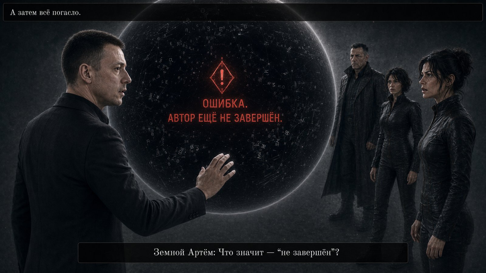 Earth's Artem stands before the sphere and its red error symbol: 