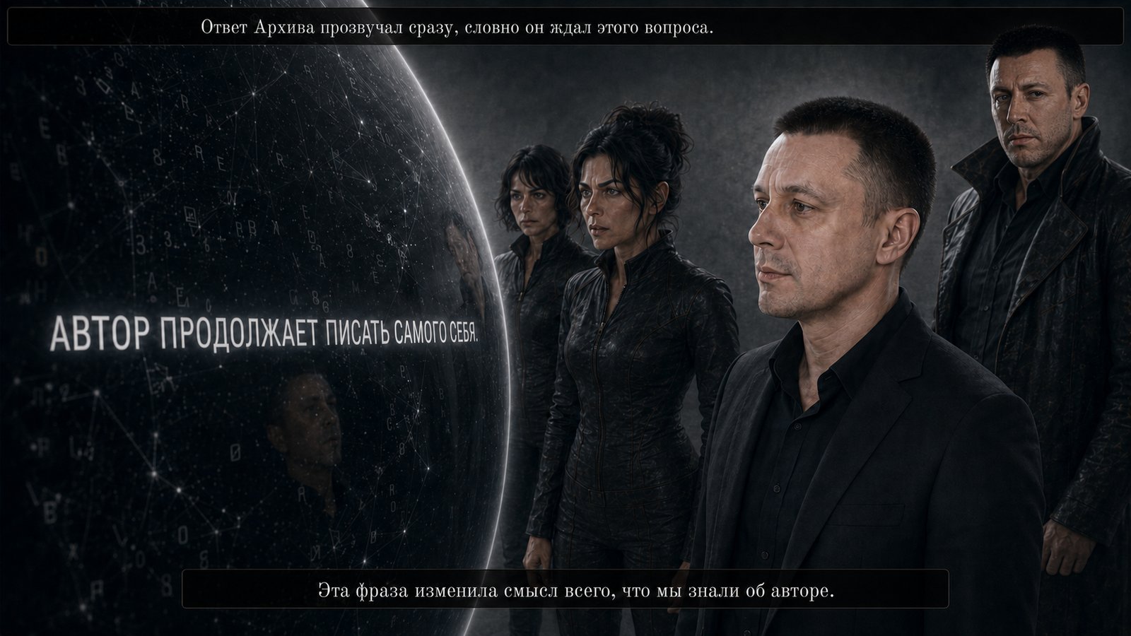 All four stand before the sphere, its text reading 
