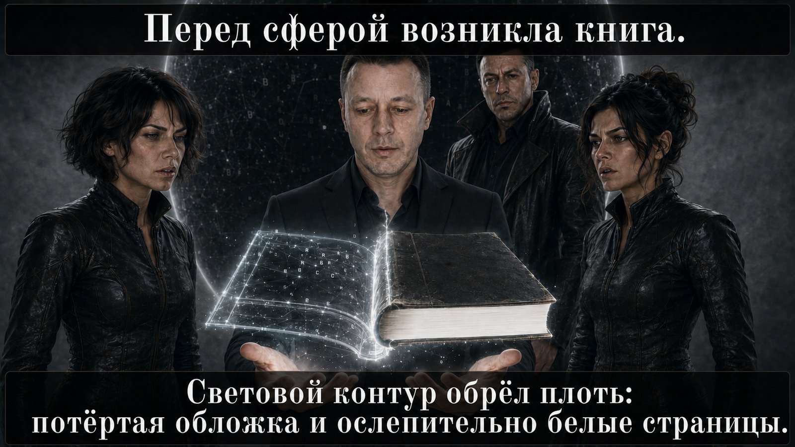 A book materializes before the sphere — its outline of light taking on a solid cover and white pages in Earth's Artem's hands