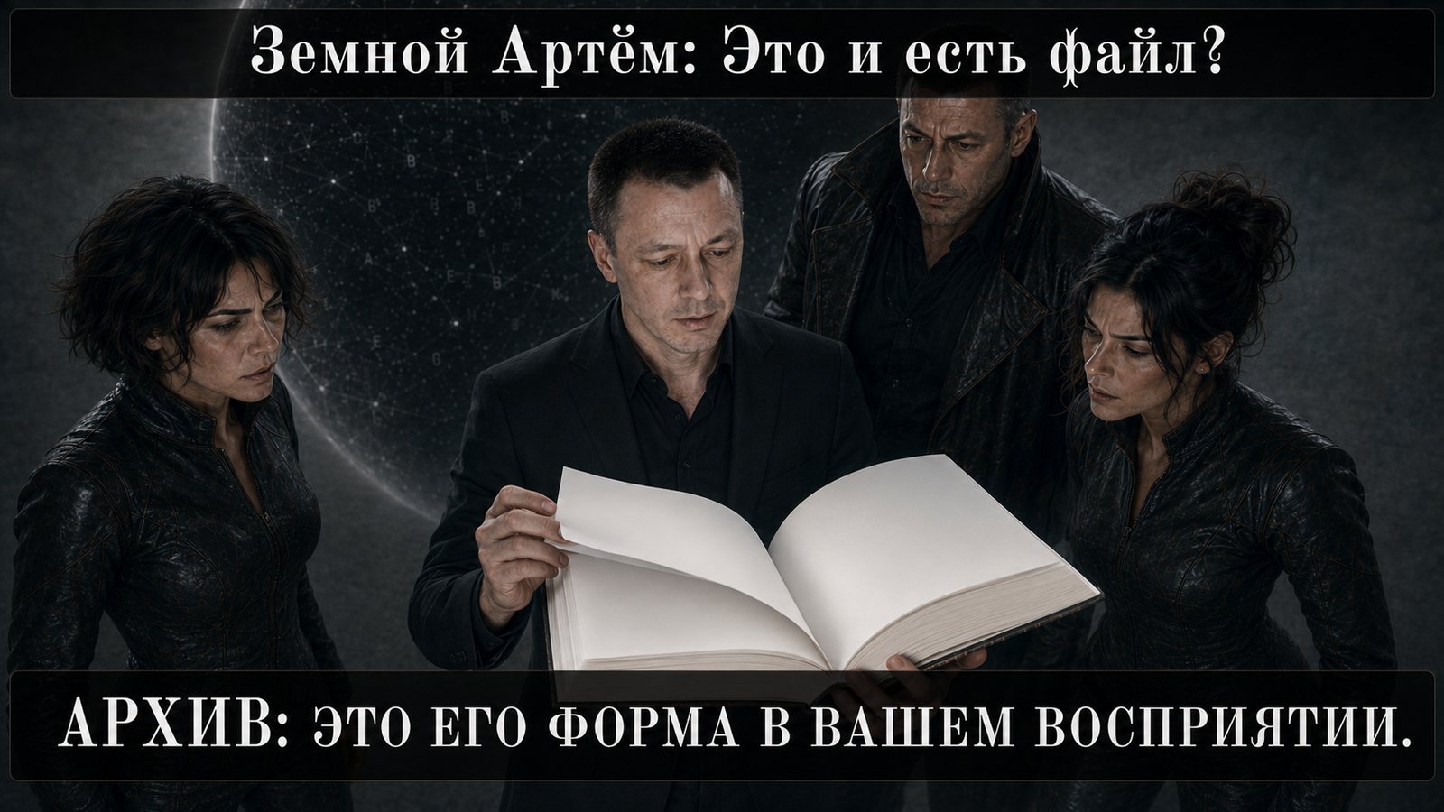 Earth's Artem leafs through the book's blank pages as the other three watch — 