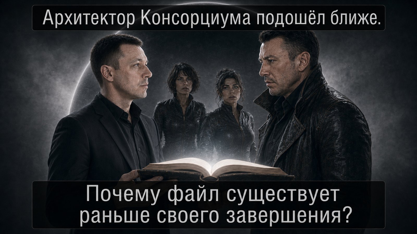 The Architect of the Consortium steps closer to Earth's Artem, the book between them — 