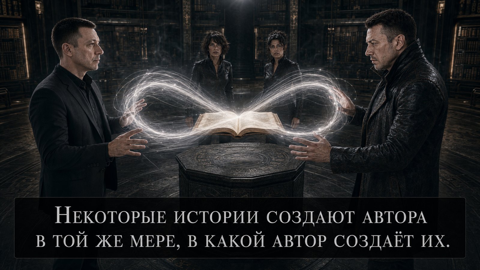 The Architect and Earth's Artem stand on either side of the book, a glowing infinity symbol suspended between their palms — 