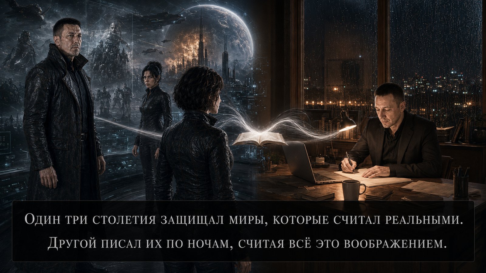 Split composition: the Architect amid war and the cities of the future on the left, Earth's Artem writing at his desk by night on the right, a glowing book suspended between them