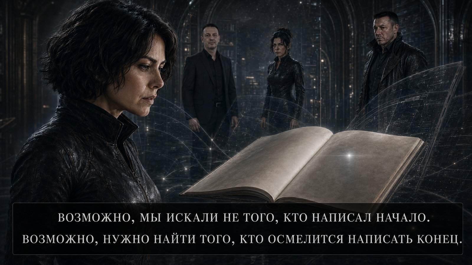 Lira in the foreground with the open, blank book, the other three behind her — 