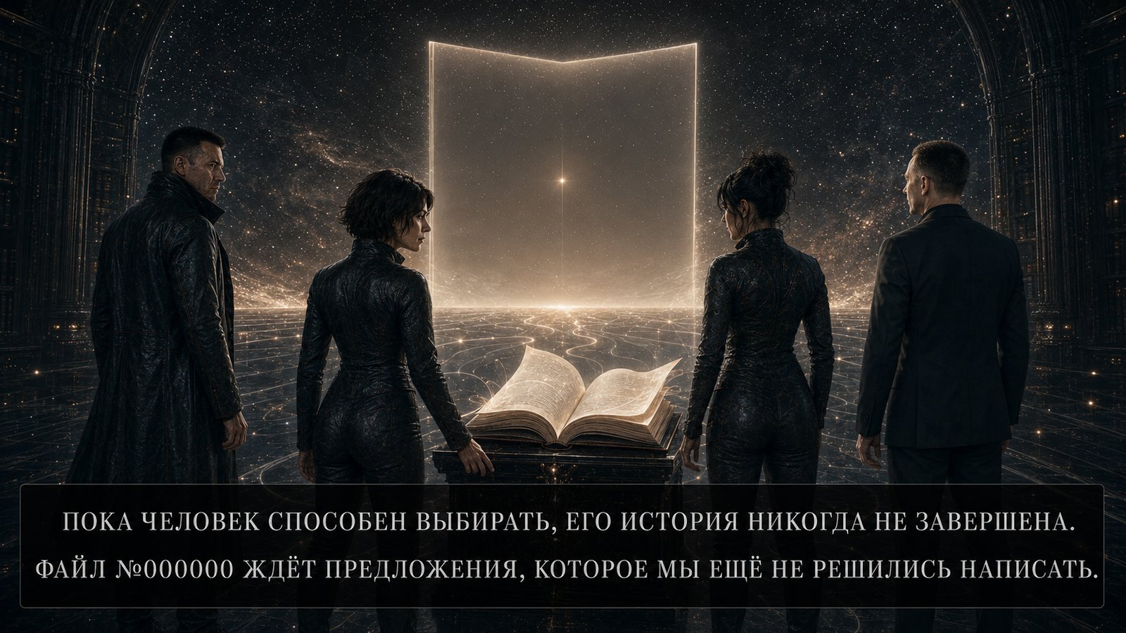 All four stand before a glowing book-shaped portal amid the stars, an open manuscript resting on a pedestal — 