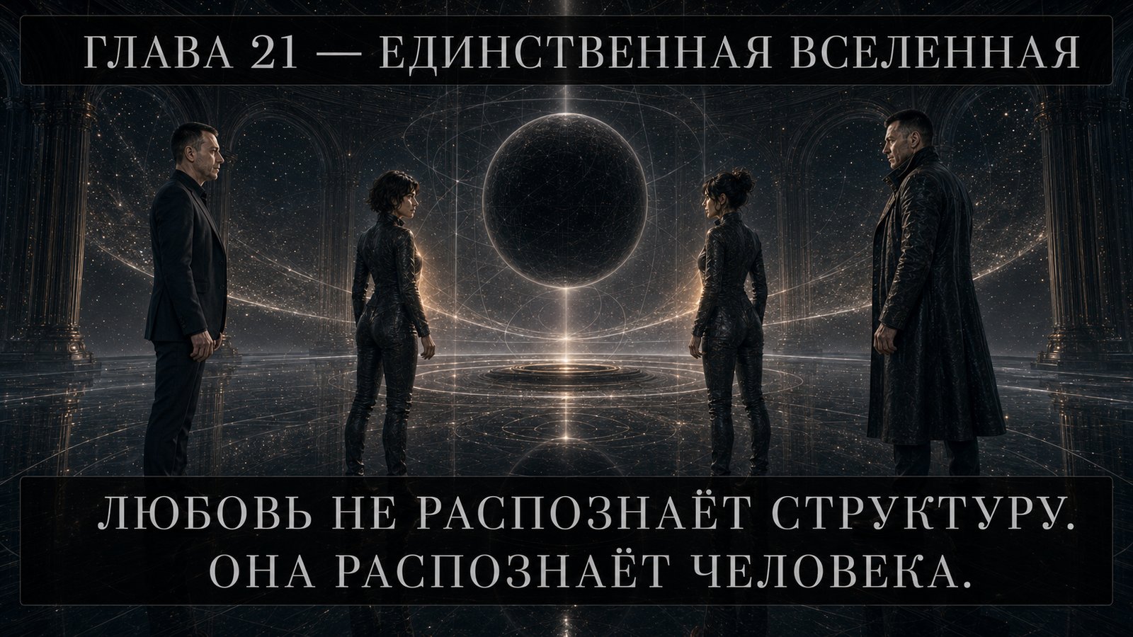 All four stand around the black sphere in the Archive's golden hall — "Love does not recognize structure. It recognizes the person."