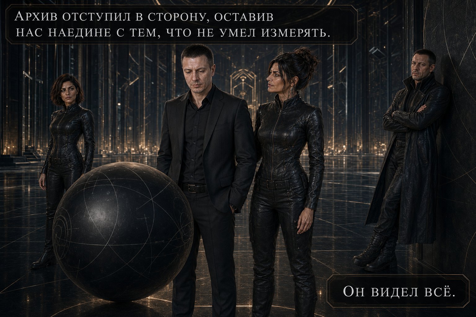 Gemini and Earth's Artem stand close together by the sphere, Lira a little apart, the Architect watching from the wall with arms crossed — "He saw everything."