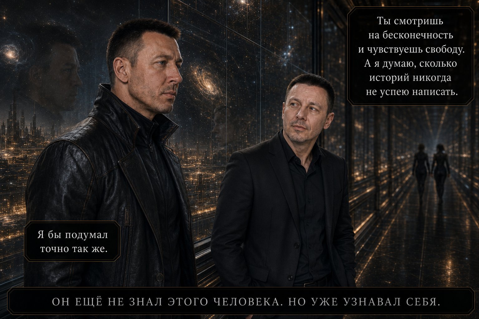 Earth's Artem and the Architect walk side by side through the star-filled gallery — "You look at infinity and feel free. I think about how many stories I'll never get to write." "I'd have thought exactly the same thing."