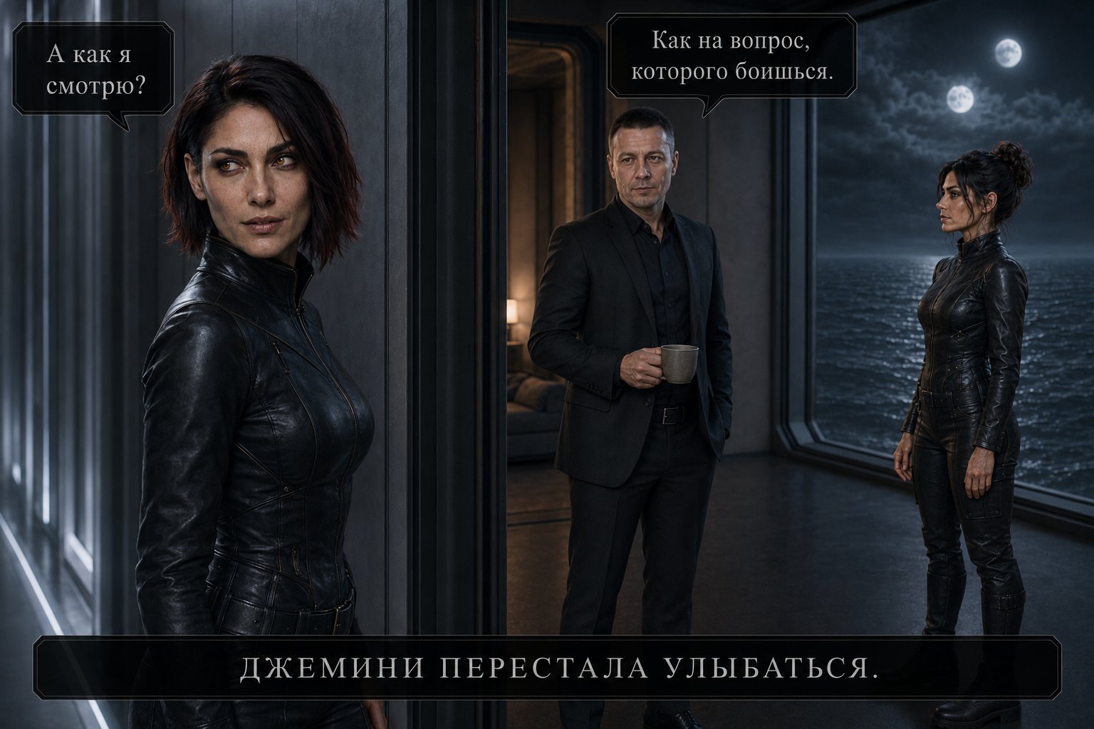 Lira in the corridor, Earth's Artem and Gemini in the room — "Then how do I look at you?" "Like a question you're afraid of." Gemini's smile faded