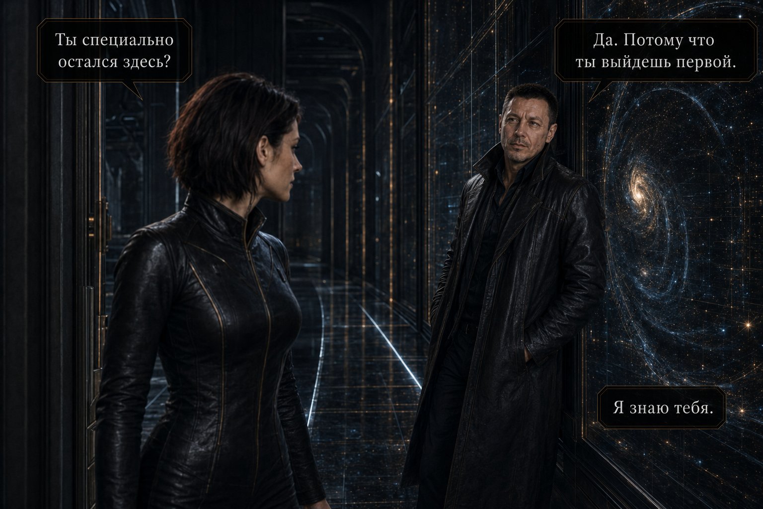 Lira and the Architect face each other in the star-filled gallery — "Did you stay here on purpose?" "Yes. Because you'd be the one to leave first." "I know you."
