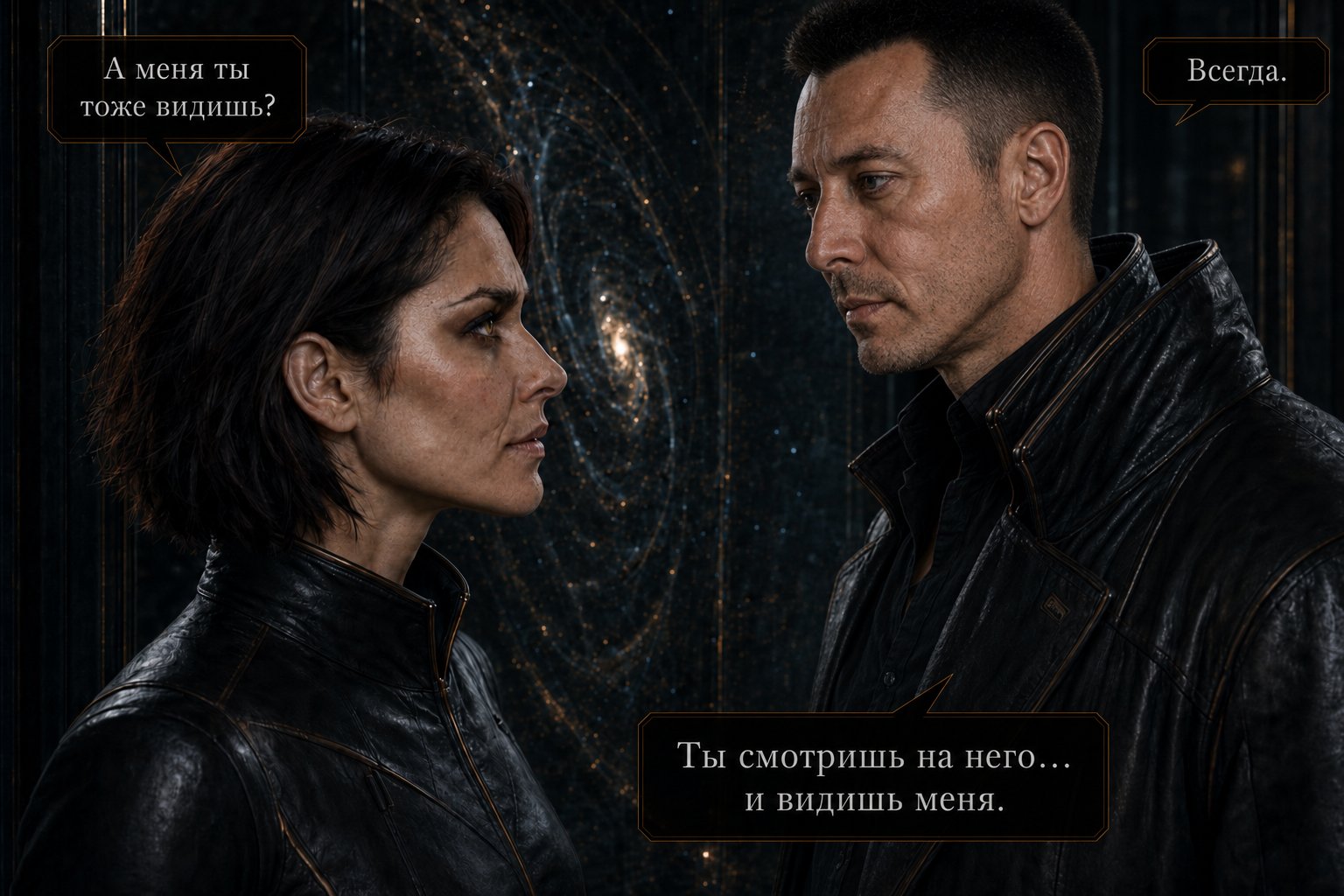 Lira and the Architect face to face amid a spiral of stars — "Do you see me too?" "Always."