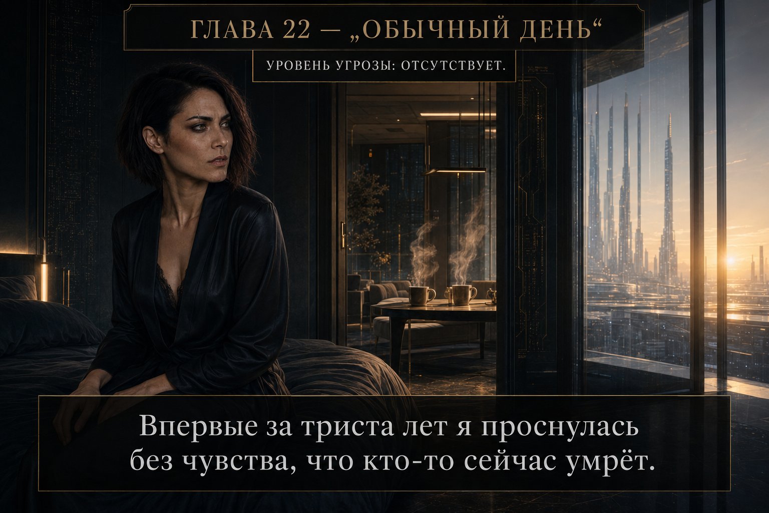 Lira sits on the edge of her bed in a quiet room, cups of coffee on the table and a view of the Archive's morning city beyond — "For the first time in three hundred years, I woke up without the feeling that someone was about to die."