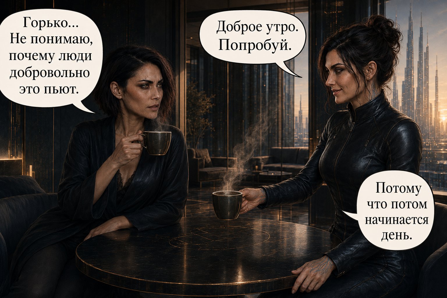 Gemini hands Lira a cup of coffee on a terrace overlooking the city — "I don't understand why humans willingly drink something this bitter." "Because afterward, the day begins."