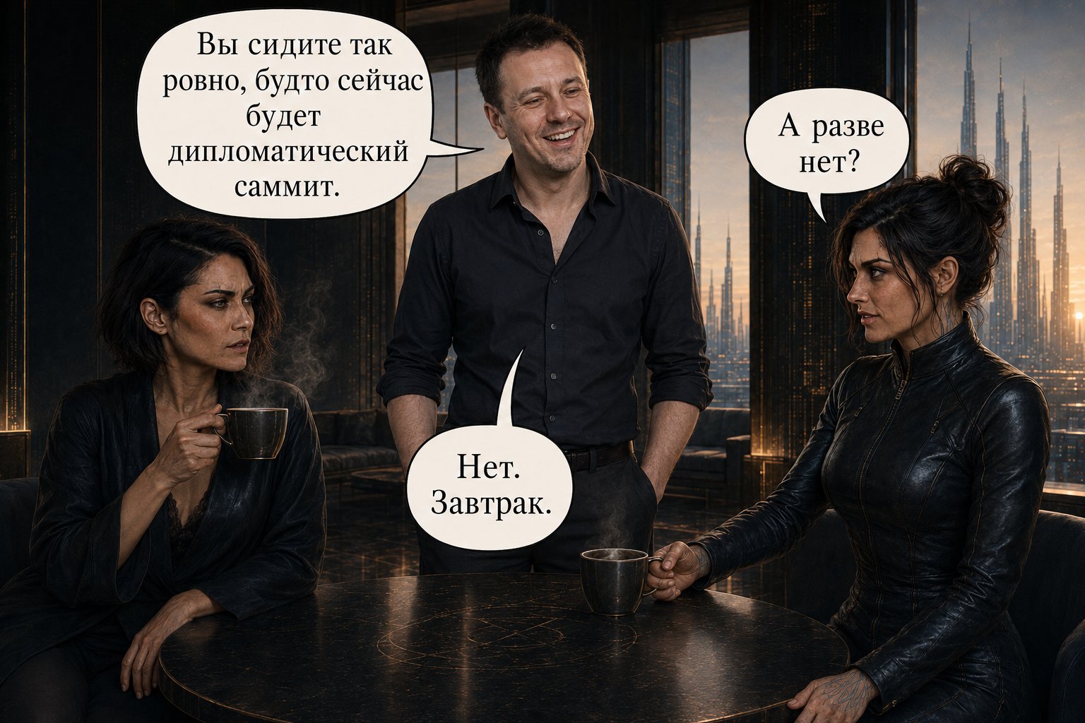 Earth's Artem smiles, standing between Lira and Gemini at a table with coffee — "You two are sitting so straight, it looks like a diplomatic summit's about to start." "Isn't it?" "No. Breakfast."