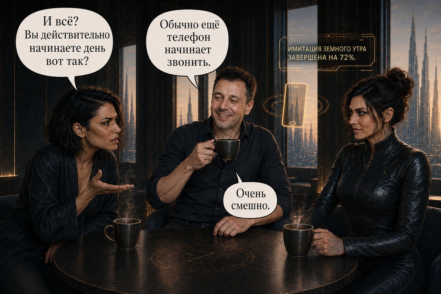 Earth's Artem laughs at the table with his coffee, a holographic phone hovering nearby beside the words "Earth-morning simulation 72% complete."