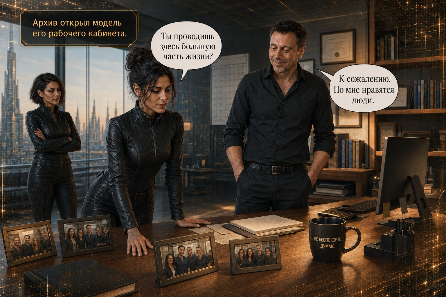 Gemini looks over the photos of employees on Earth's Artem's desk, in his office — "You spend most of your life here?" "Unfortunately. But I like the people."