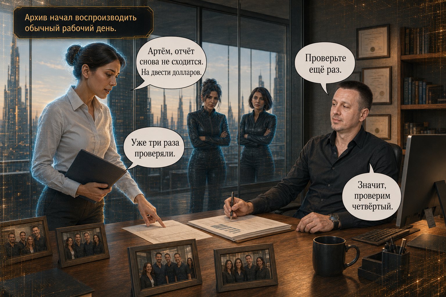 A holographic employee shows Artem a report off by two hundred dollars, while Gemini and Lira watch through the window — "Then we'll check it a fourth."