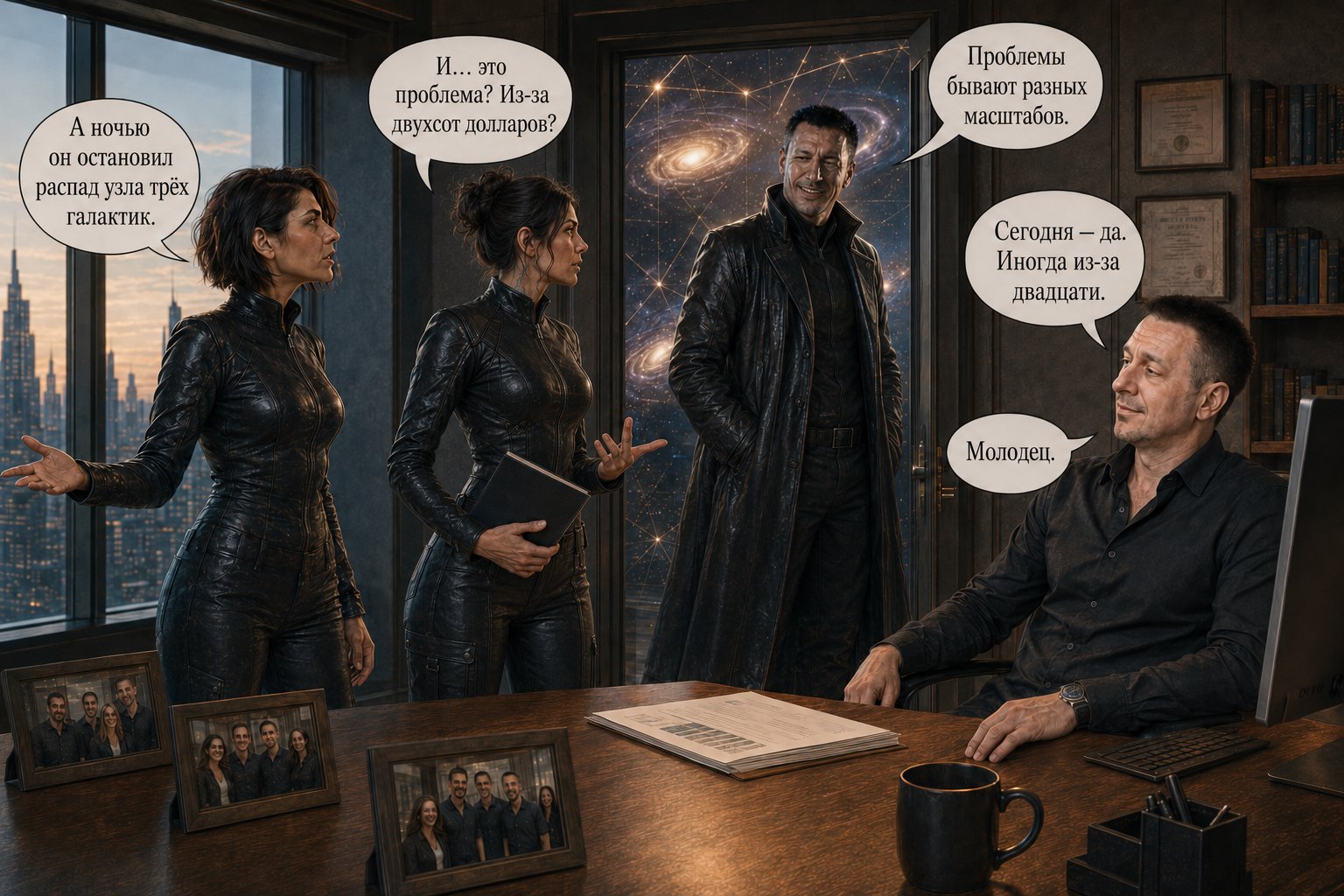 The Architect laughs in the office doorway, a starry portal with a galaxy visible behind him — "The Architect of the Consortium spent last night stopping the collapse of a node linking three galaxies." "Good for him." "That's the first time in centuries someone's reminded me that problems come in different sizes."