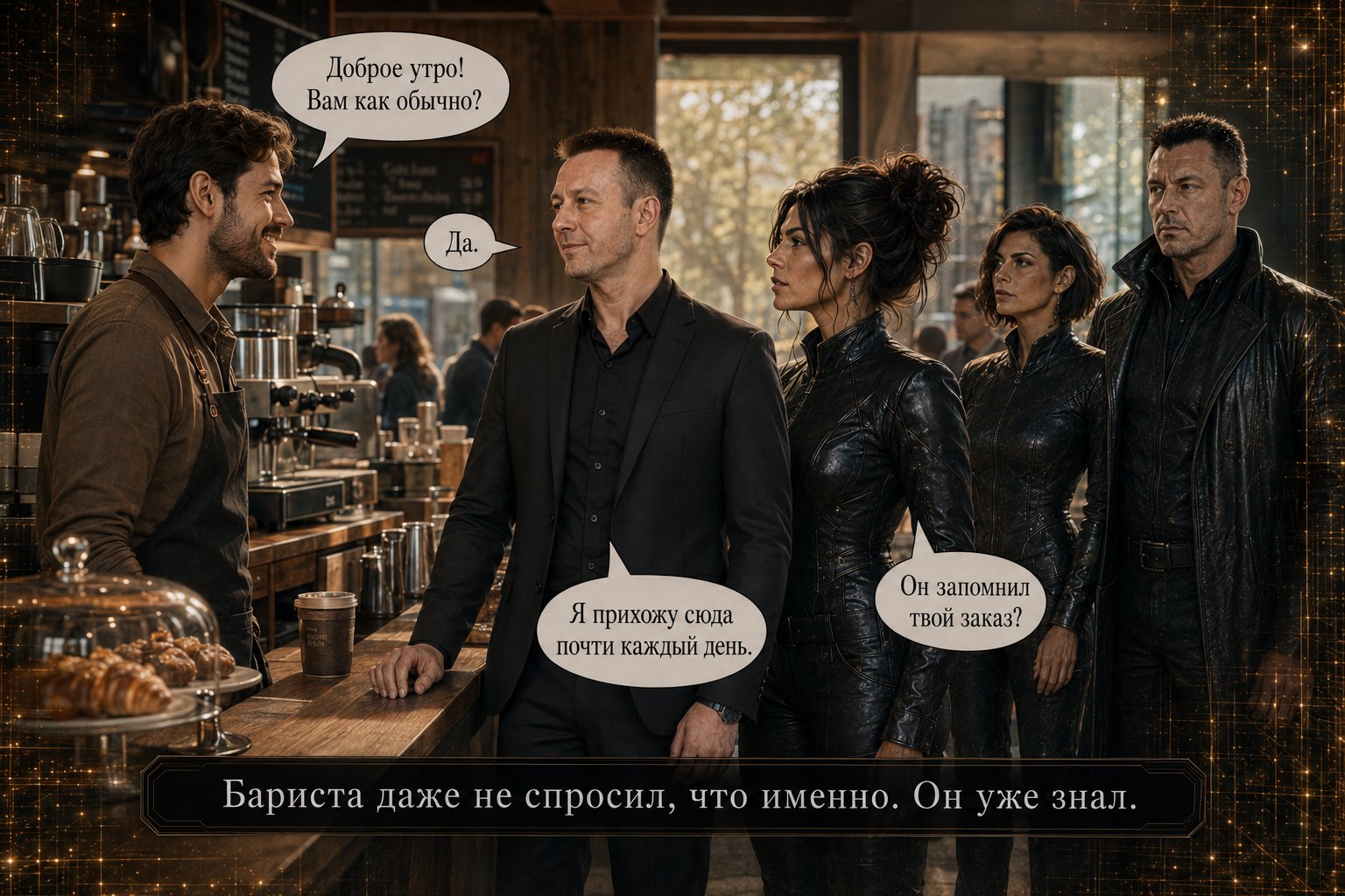 The barista greets Earth's Artem at the counter, Lira, Gemini, and the Architect behind him — "Morning! The usual?" "Yes." — "The barista didn't even ask what that meant. He already knew."
